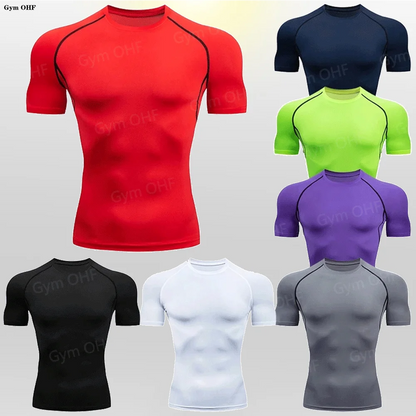 Gym Fitness T shirt Men's Short Sleeve Summer Boxing Jersey Legging Men Rashguard Compression Pants Quick Dry Tight T-shirts Men